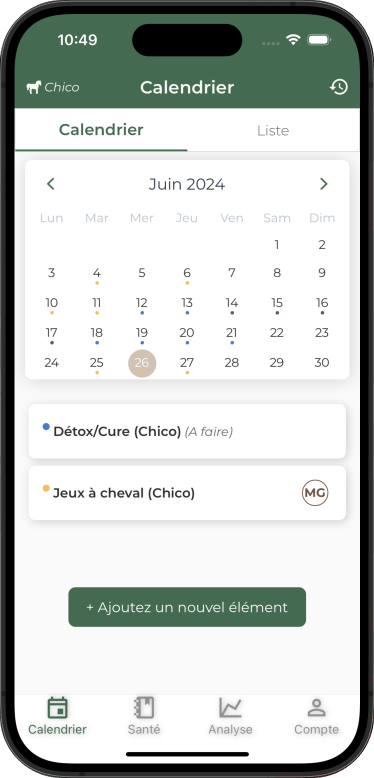 calendrier et carnet de suivi application chevaux